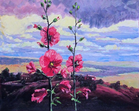Hollyhocks with a View